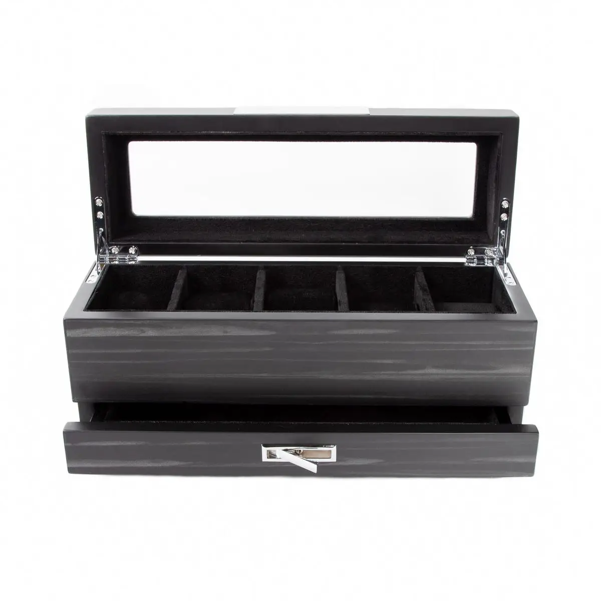 Matte Ebony (Black) 5 Slot Watch Box W/Jewelry Tray front open