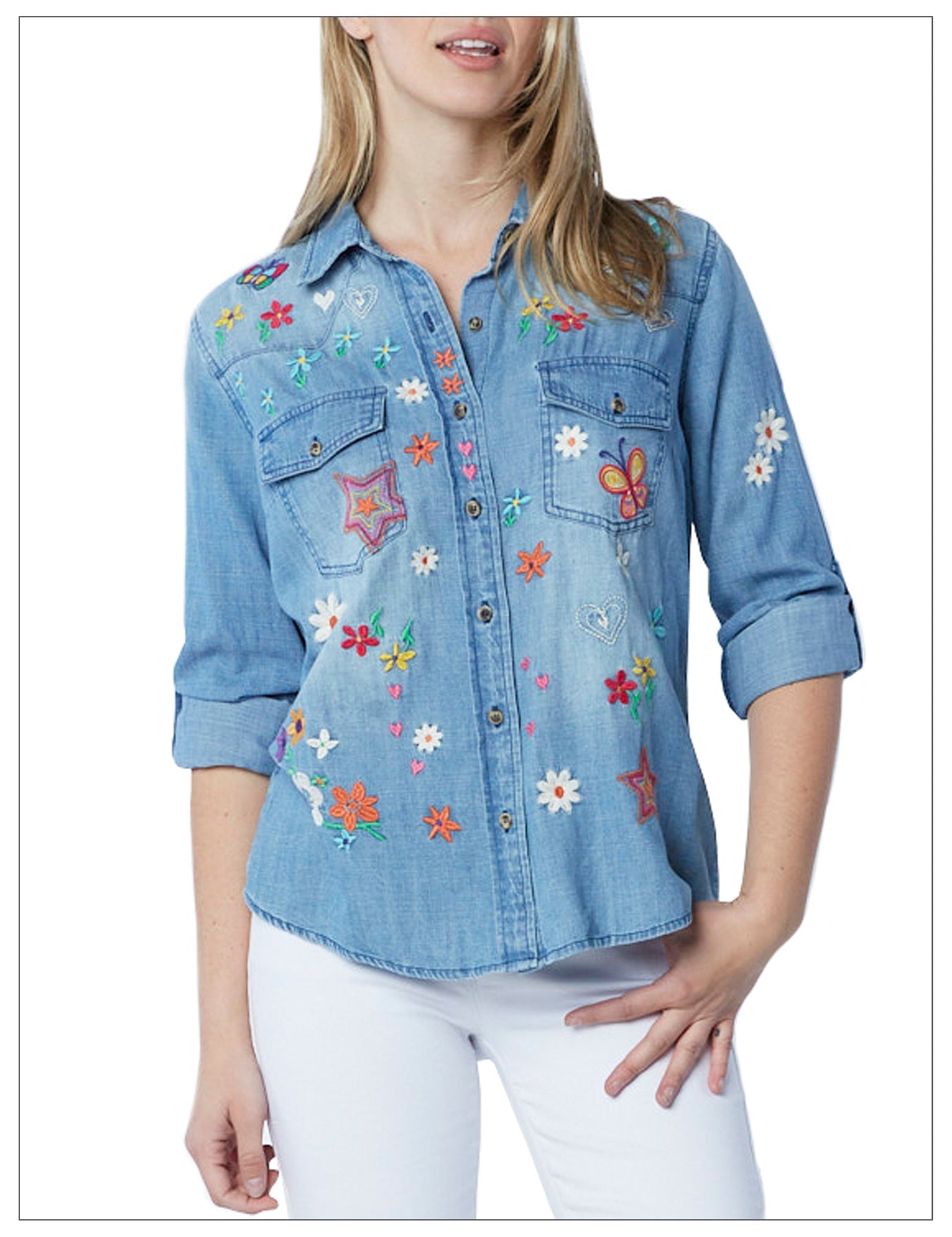 Rock & Roll Cowgirl Women's Floral Embroidered Denim Long Sleeve Shirt -  Russell's Western Wear, Inc.