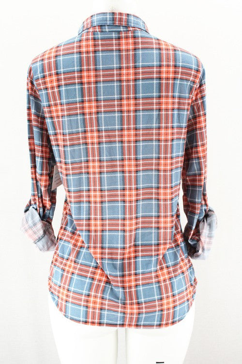 Yenisa Rolled Sleeve Flannel Plaid Shirt | Orange Blue back