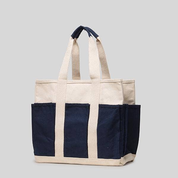 Medium Pocket Grocery Canvas Tote w/Pockets - Navy front