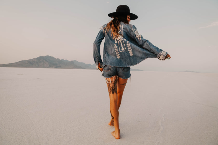 Driftwood X Rachelle M. Free Spirit Heritage Denim Shirt Full Back Pose Arms up