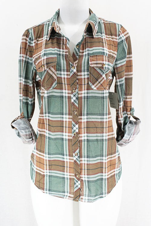 Yenisa Rolled Sleeve Flannel Plaid Shirt-Sage/Taupe front
