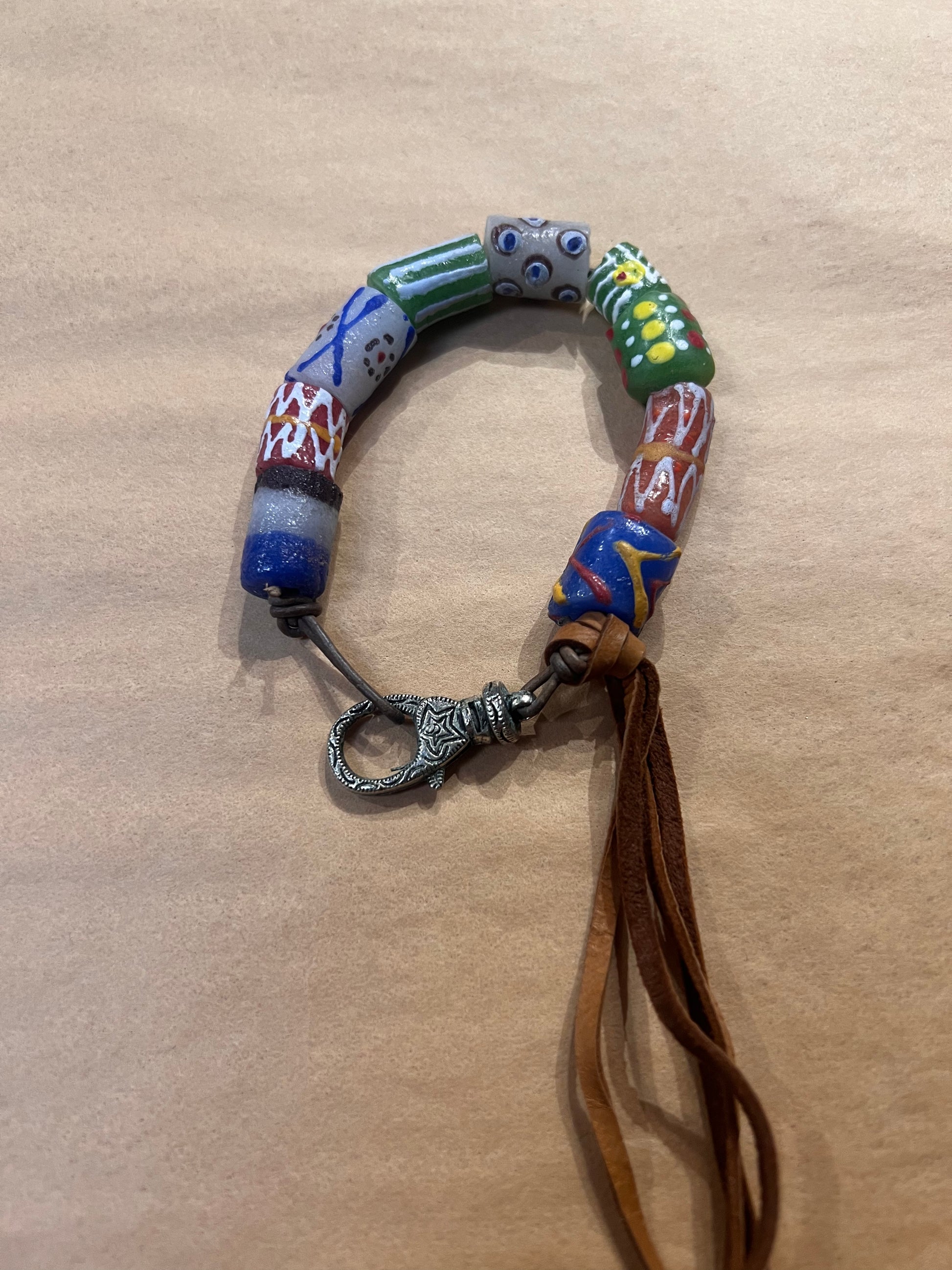 Leather Bracelet With Engraved Clasp & Hand Painted Glass Beads