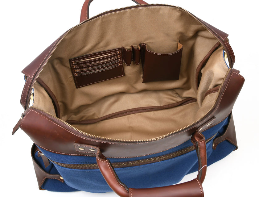 Leather Canvas Travel Bag - Blue open