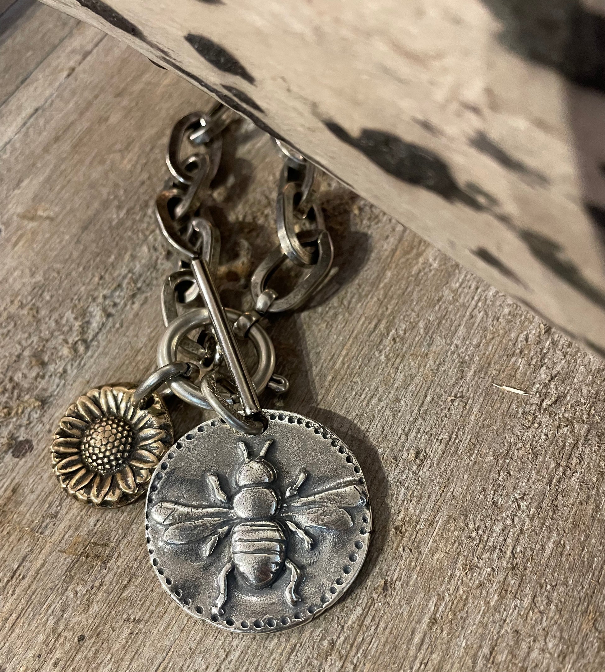Paula Carvalho's Bee Bracelet Silver Chain With Silver Bee Coin & Gold Sunflower