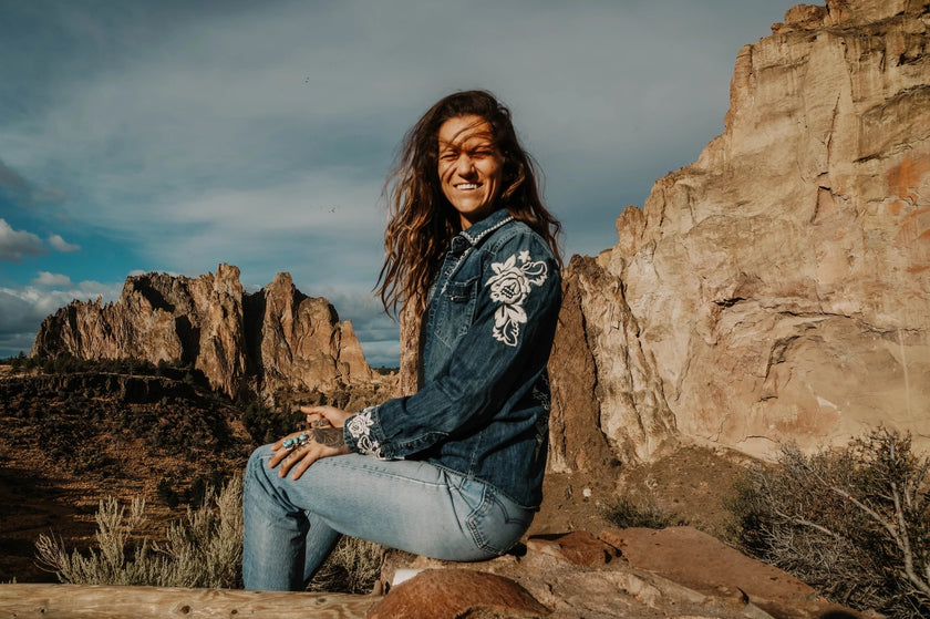 Driftwood X Rachelle M. Free Spirit Heritage Denim Shirt Front Left Arm Pose