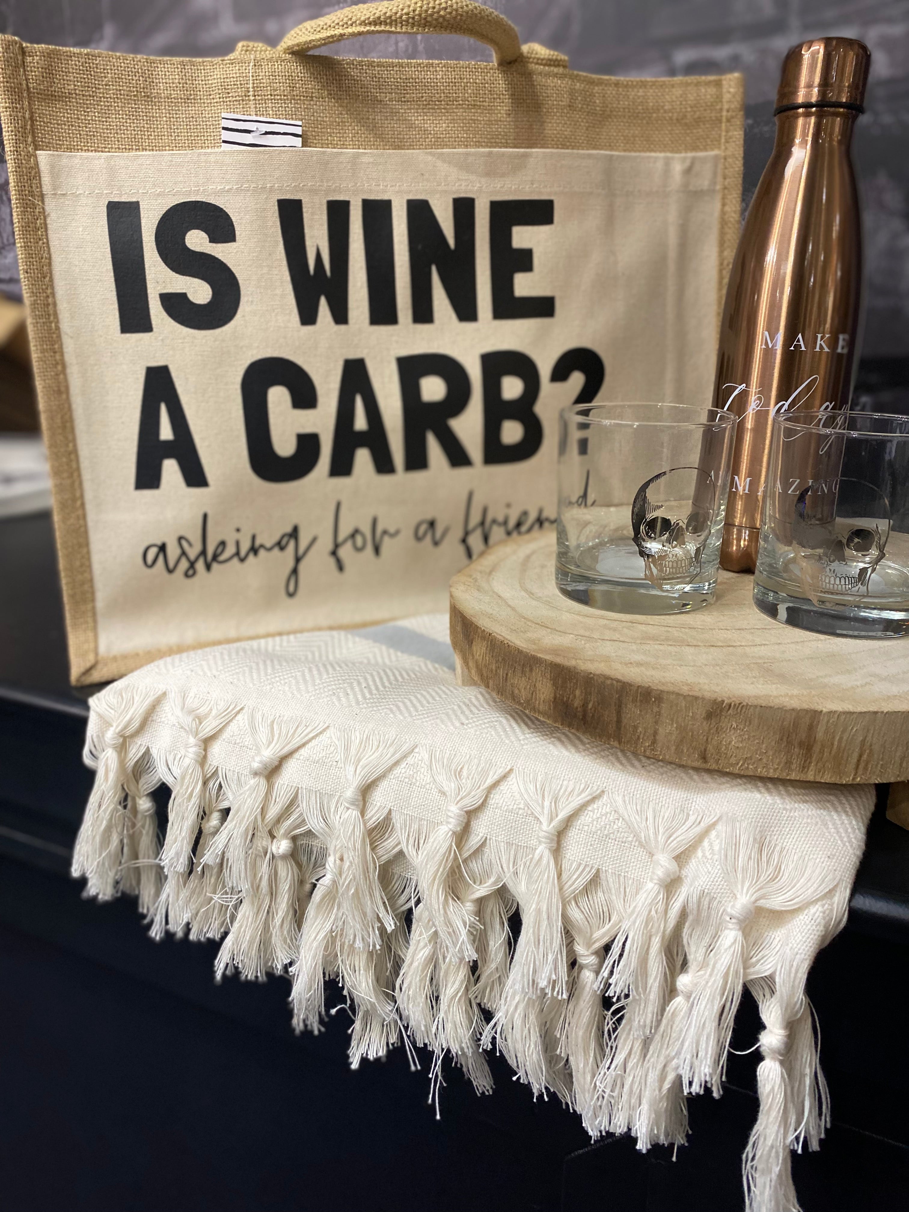 Is Wine A Carb? Jute Tote Bag - Medium displayed