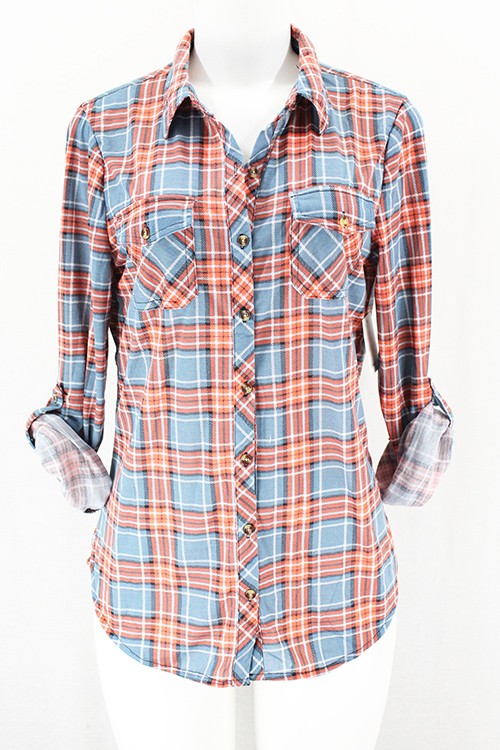 Yenisa Rolled Sleeve Flannel Plaid Shirt | Orange Blue