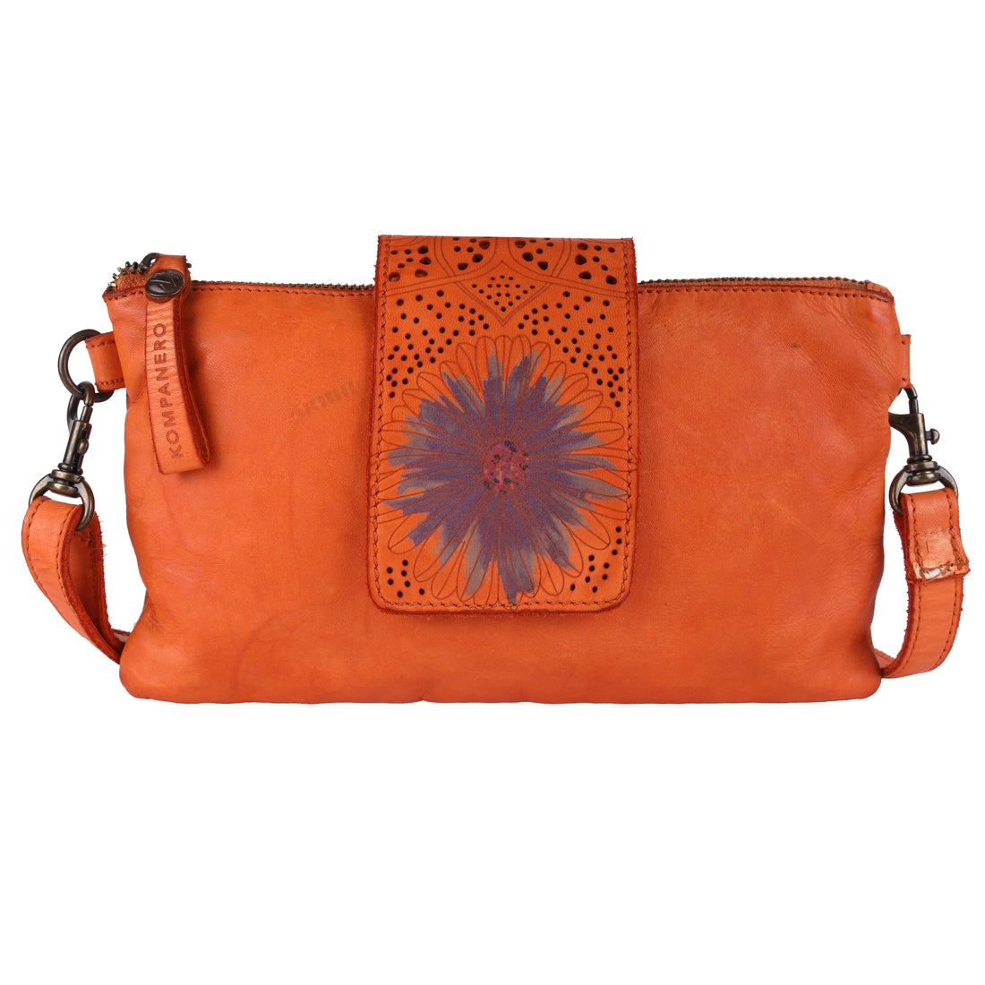 Genuine Leather Daisy Fold Secure Handbag w/ Sling - Marion - Orange Front