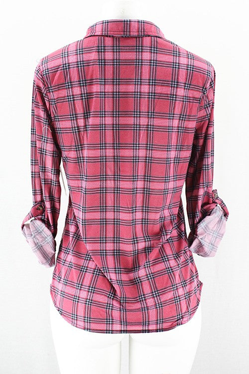 Yenisa Rolled Sleeve Flannel Plaid Shirt | Mauve Black. back