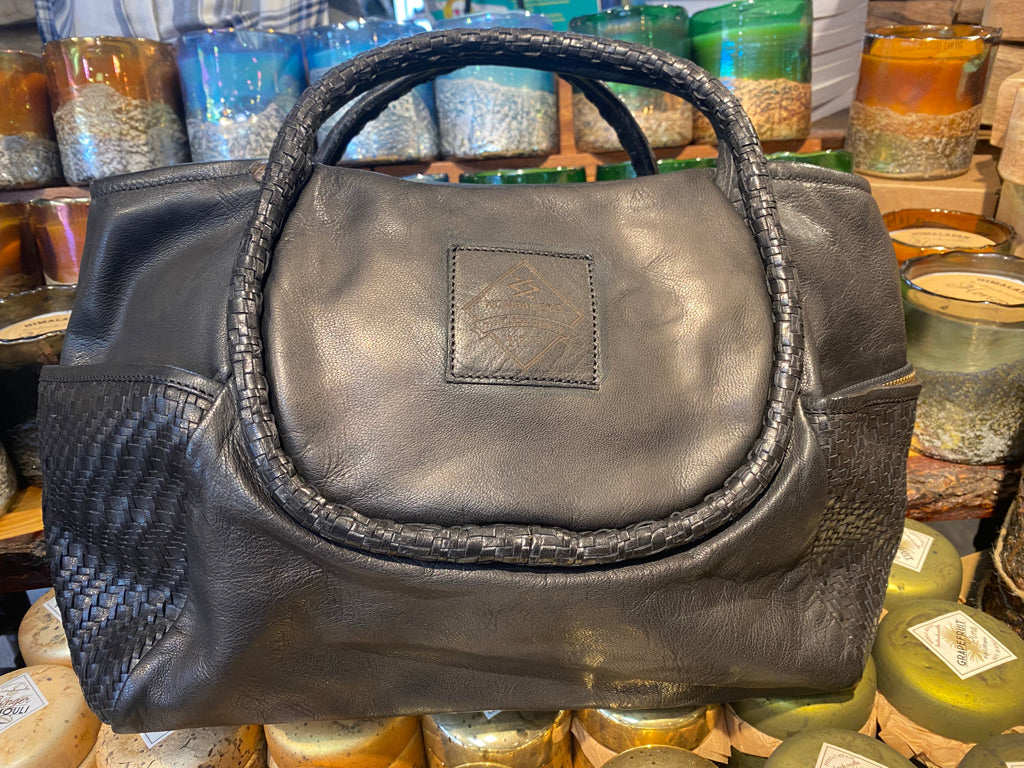 Genuine Leather Woven Side Pocket Handbag - Ane - Black back
