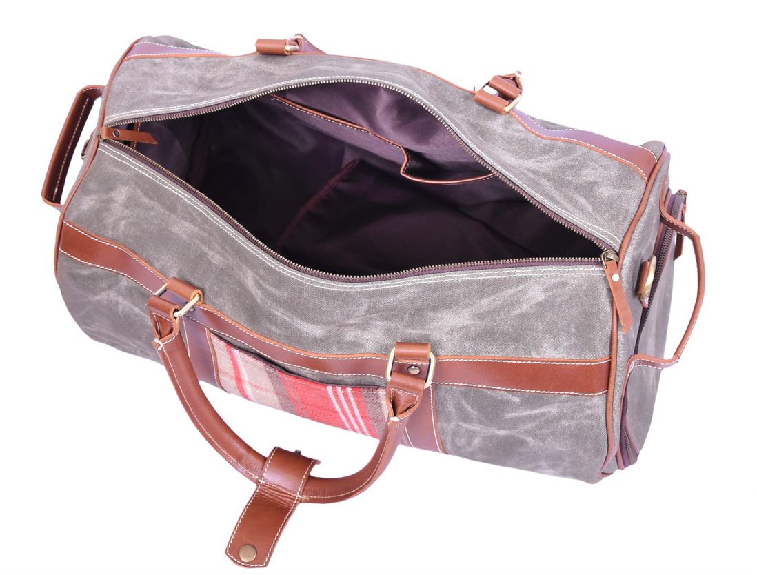 Canvas Weekender Bag over Night Travel - Plaid Mix Open Front