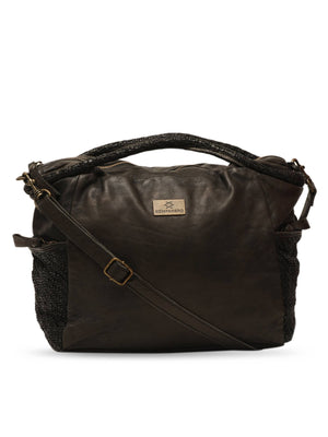 Genuine Leather Woven Pocket Handbag - Ani - Black front