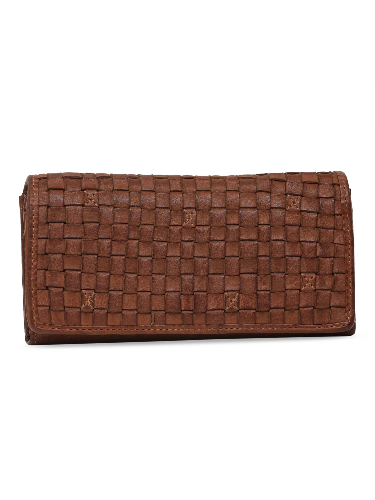 Genuine Soft Leather Fold Over Woven Wallet - Elprine - Cognac front
