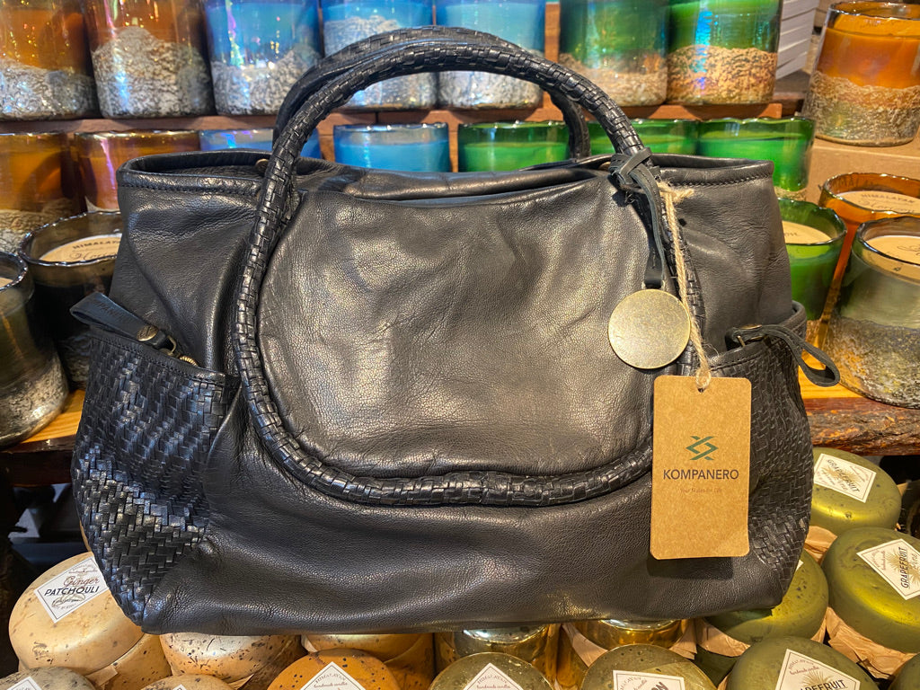 Genuine Leather Woven Side Pocket Handbag - Ane - Black front
