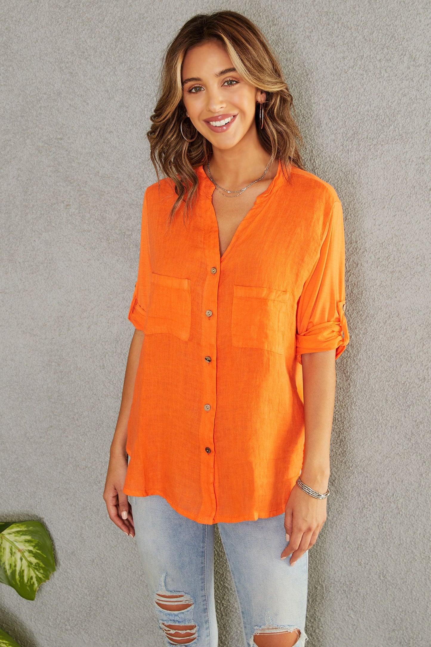 Sleeve Blouse W Soft Viscose Back Contrast | Orange