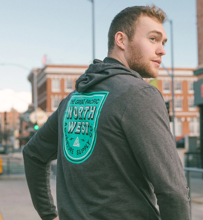 The Great PNW Buhner Hoodie  - Heather Black model back 