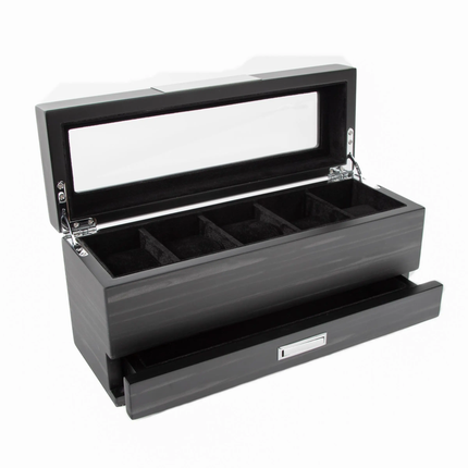 Matte Ebony (Black) 5 Slot Watch Box W/Jewelry Tray open