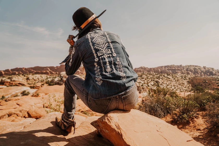 Driftwood X Rachelle M. Free Spirit Heritage Denim Shirt Full Back Pose 3