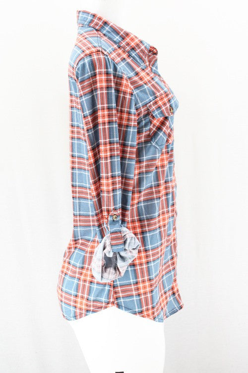 Yenisa Rolled Sleeve Flannel Plaid Shirt | Orange Blue profile