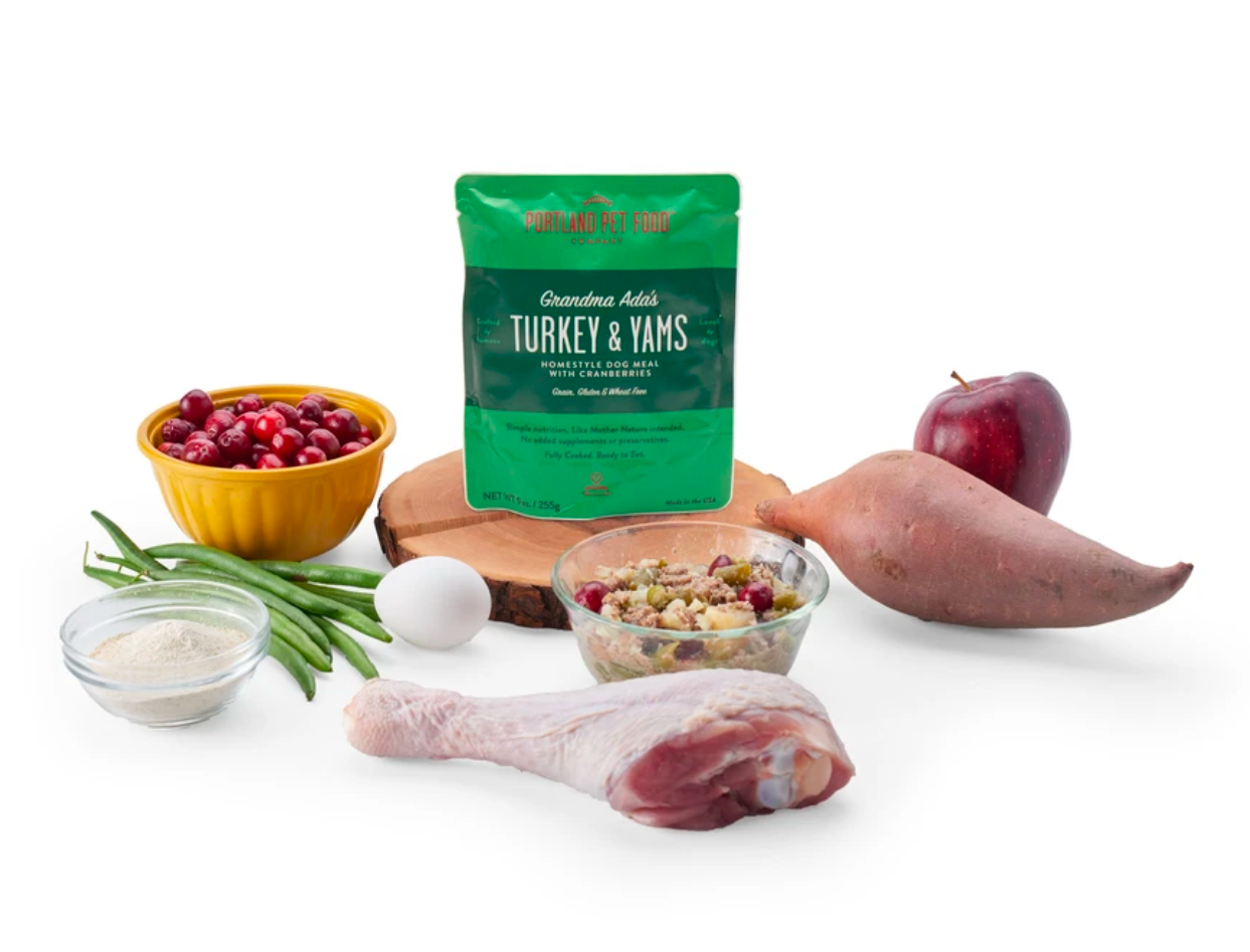 Retort Meals: Grandma Ada's Turkey & Yams Homestlye Dog Meal ingredients