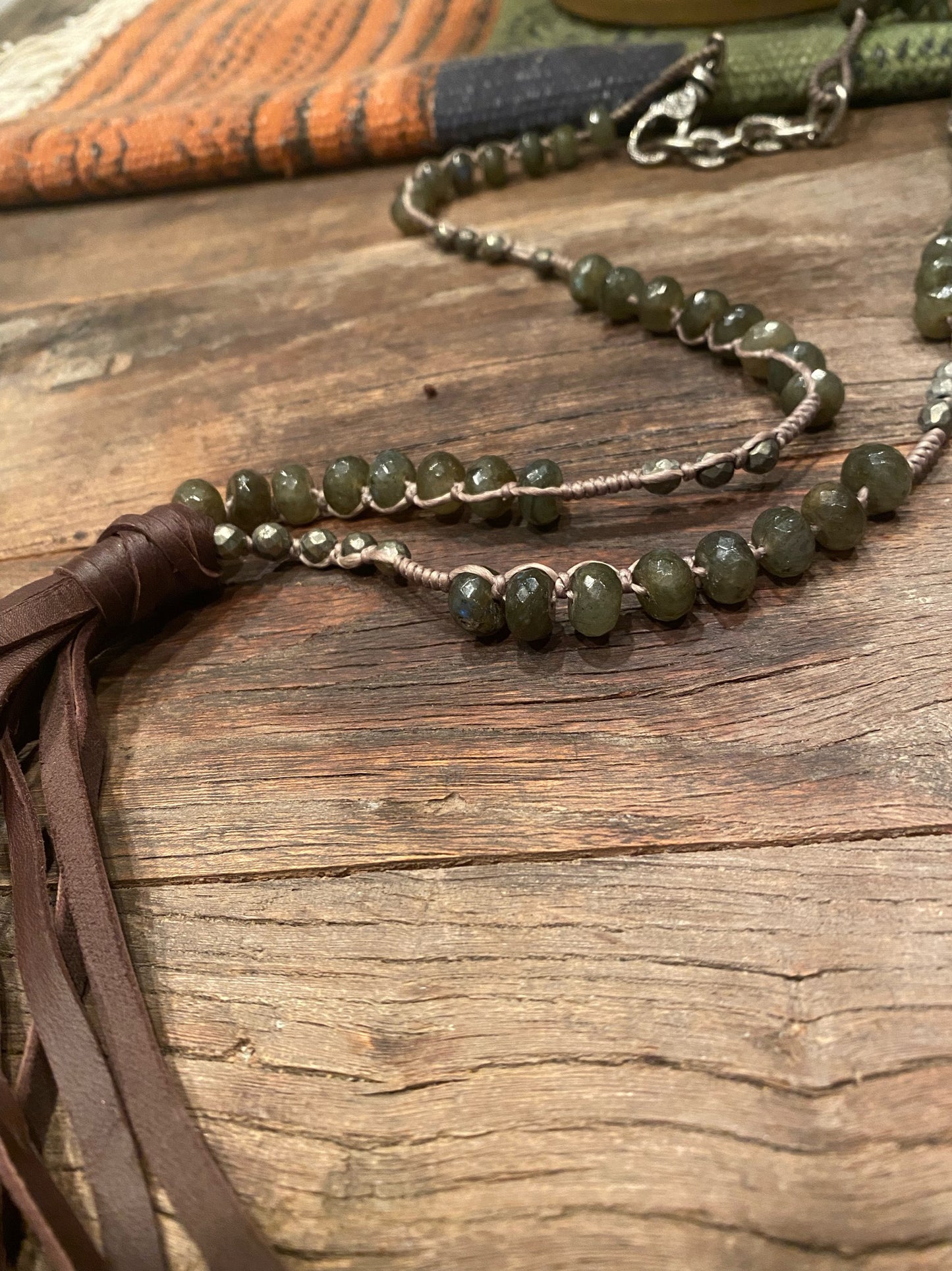 Paula Carvalho Labradorite Stone Leather Tassel Necklace close