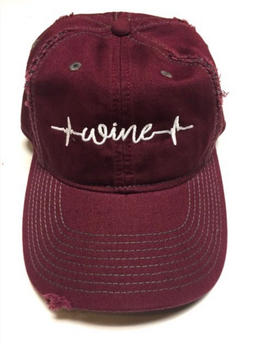 Wine Heartbeat Distressed Baseball Cap - Maroon top
