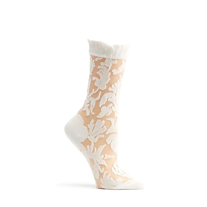 Floral Damask Crew Sock White